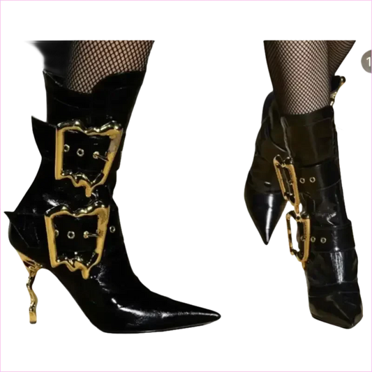 Women’s Black Patent Knee Length Side Buckle Boots with Gold Accents - Pleasures and Sins