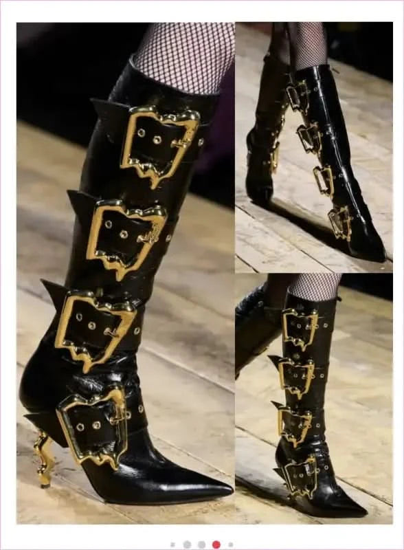 Women’s Black Patent Knee Length Side Buckle Boots with Gold Accents - Pleasures and Sins