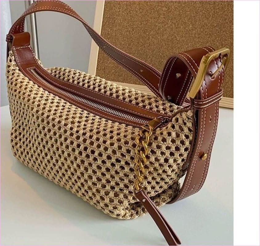 Women’s Brown Leather Raffia Top Handle Summer Bag from Pleasures and Sins - Pleasures and Sins