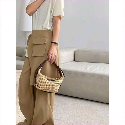 Women’s Brown Leather Raffia Top Handle Summer Bag from Pleasures and Sins - Pleasures and Sins