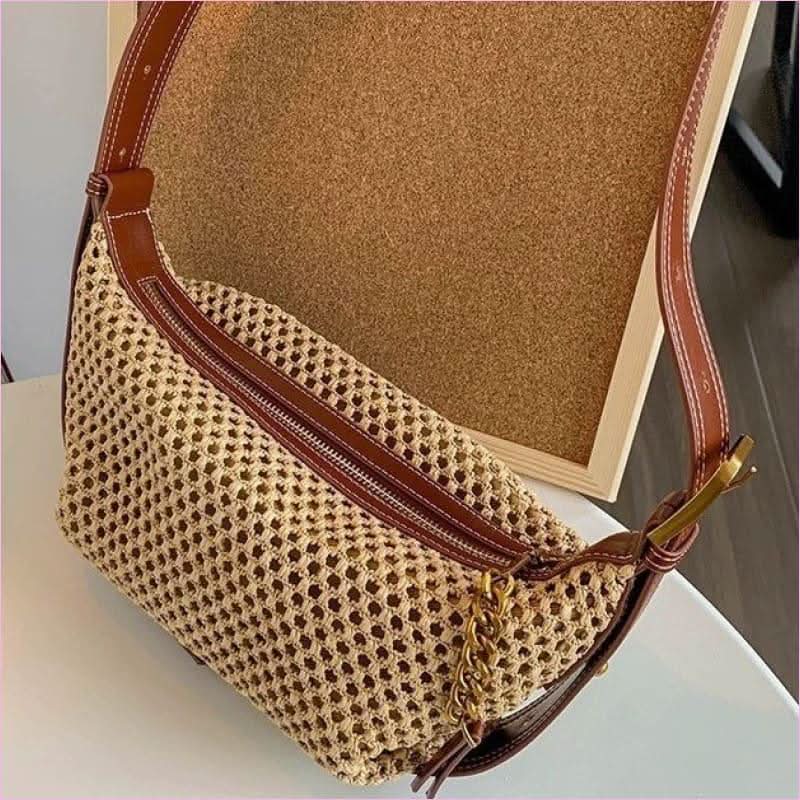 Women’s Brown Leather Raffia Top Handle Summer Bag from Pleasures and Sins - Pleasures and Sins