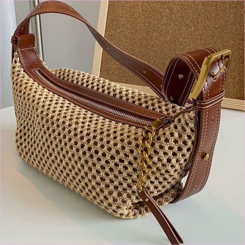 Women’s Brown Leather Raffia Top Handle Summer Bag from Pleasures and Sins - Pleasures and Sins