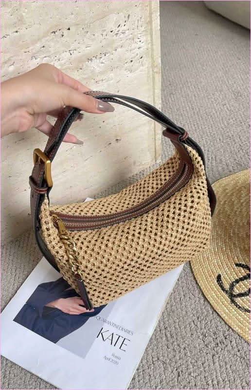 Women’s Brown Leather Raffia Top Handle Summer Bag from Pleasures and Sins - Pleasures and Sins