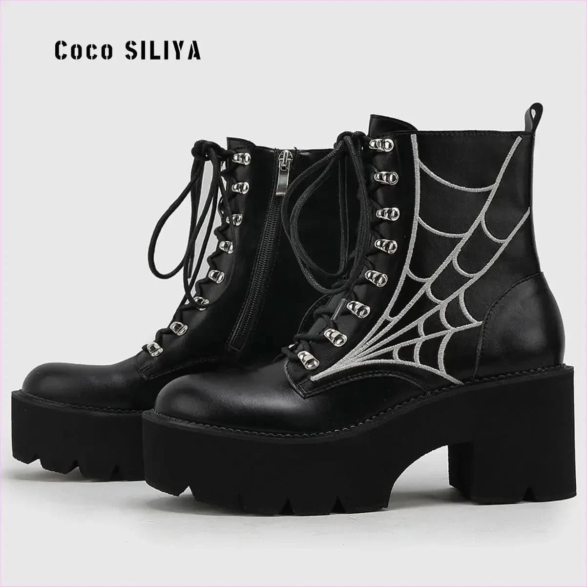 Women’s Cobweb Halloween Boots with Silver Spider Web Design - Pleasures and Sins