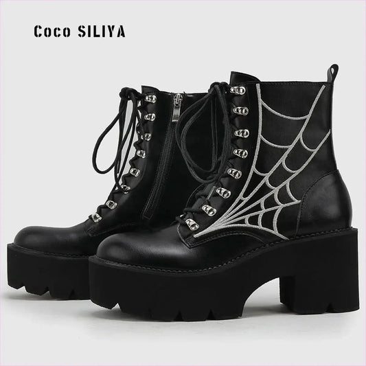 Women’s Cobweb Halloween Boots with Silver Spider Web Design - Pleasures and Sins