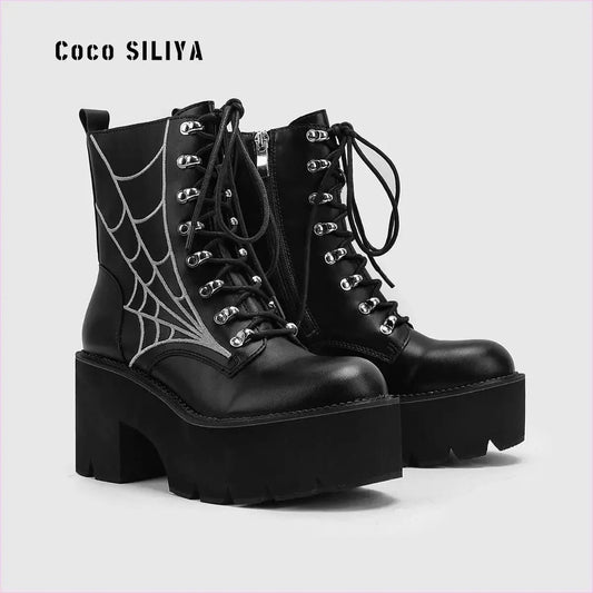 Women’s Cobweb Halloween Boots with Silver Spider Web Design - Pleasures and Sins