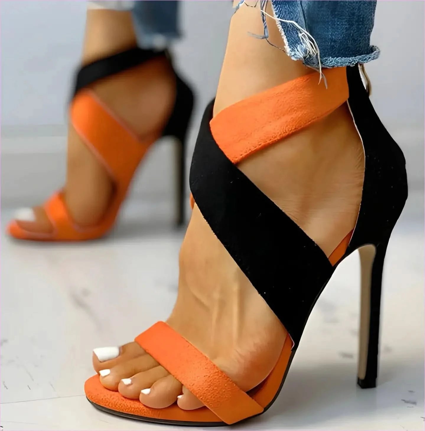 Womens Colour Matching Black and Orange Open Toe Sandals - Pleasures and Sins