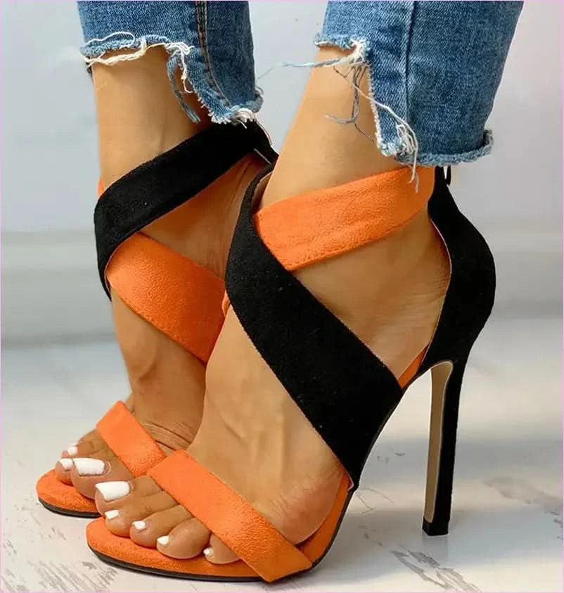 Womens Colour Matching Black and Orange Open Toe Sandals - Pleasures and Sins