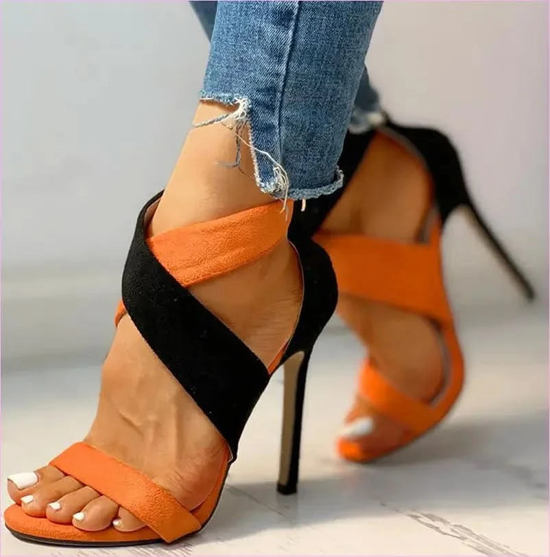 Womens Colour Matching Black and Orange Open Toe Sandals - Pleasures and Sins