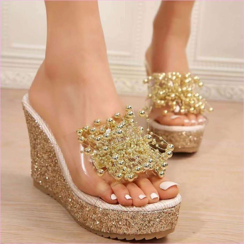 Women’s Glittered Wedge Platform Sandals with Metal Flower Detail - Pleasures and Sins