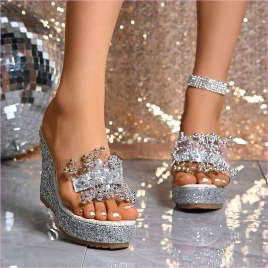Women’s Glittered Wedge Platform Sandals with Metal Flower Detail - Pleasures and Sins