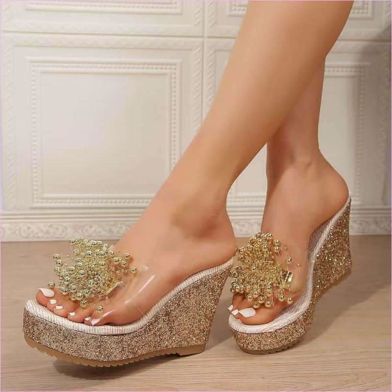 Women’s Glittered Wedge Platform Sandals with Metal Flower Detail - Pleasures and Sins