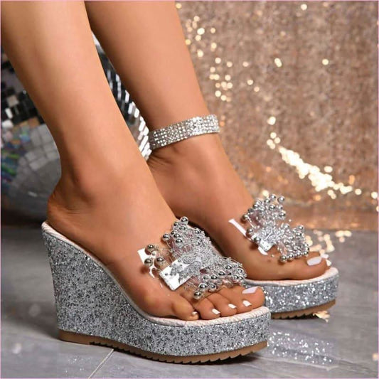 Women’s Glittered Wedge Platform Sandals with Metal Flower Detail - Pleasures and Sins