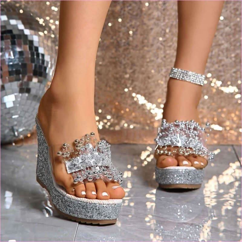 Women’s Glittered Wedge Platform Sandals with Metal Flower Detail - Pleasures and Sins