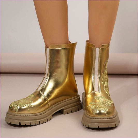 Women's Gold Metallic Round Toe Dragon Embroidered Mid-calf Boots - Pleasures and Sins