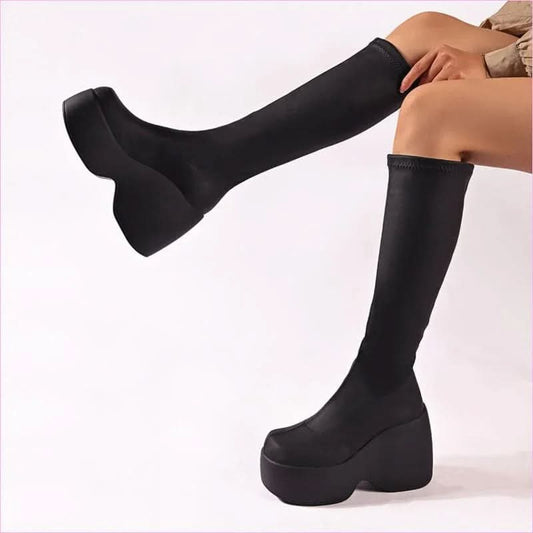 Women's High Chunky Platform Elasticated Knee-length Boots - Pleasures and Sins