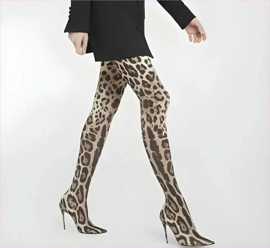 Womens Leopard Snakeskin Pointed Thigh-high Stiletto Boots - Pleasures and Sins