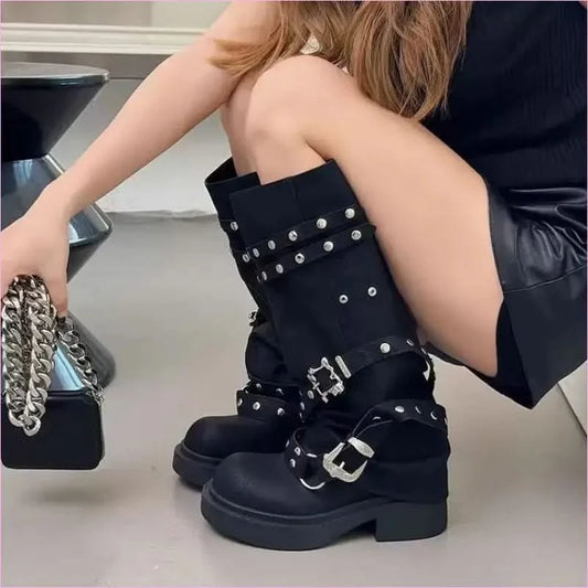 Womens Motorcycle Style Belt Buckle Boots Fashion - Pleasures and Sins