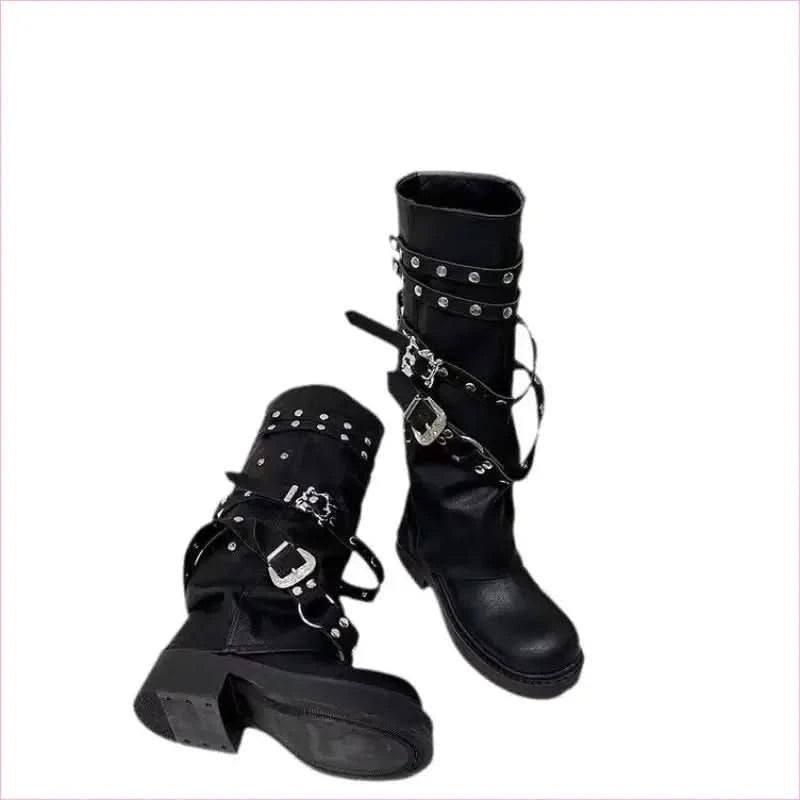 Womens Motorcycle Style Belt Buckle Boots Fashion - Pleasures and Sins