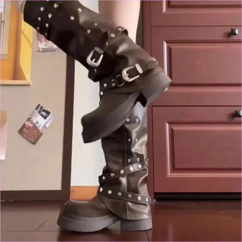Womens Motorcycle Style Belt Buckle Boots Fashion - Pleasures and Sins