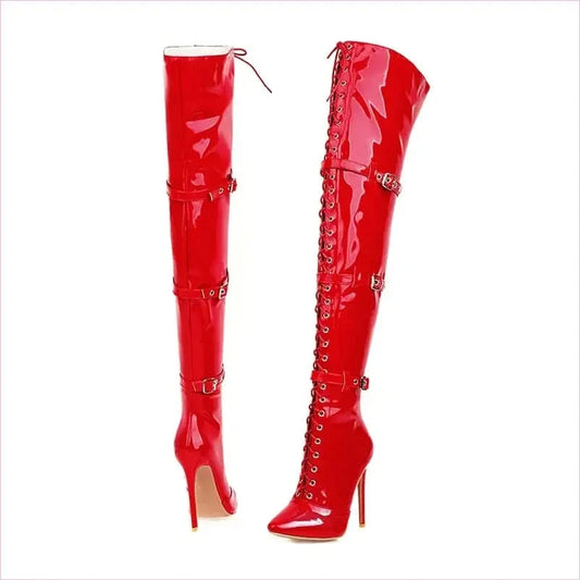 Womens Patent Cross Buckle Thigh Boots in Black, White, and Red - Pleasures and Sins