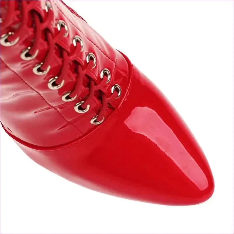 Womens Patent Cross Buckle Thigh Boots in Black, White, and Red - Pleasures and Sins