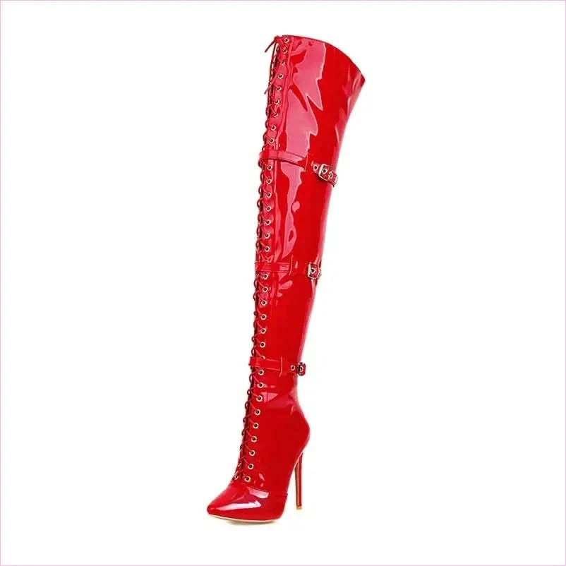 Womens Patent Cross Buckle Thigh Boots in Black, White, and Red - Pleasures and Sins