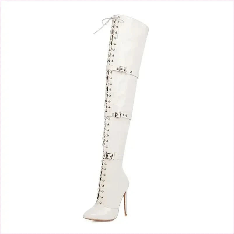 Womens Patent Cross Buckle Thigh Boots in Black, White, and Red - Pleasures and Sins