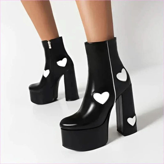 Women’s Platform Boots with Heart-shaped Color Block High Heels - Pleasures and Sins