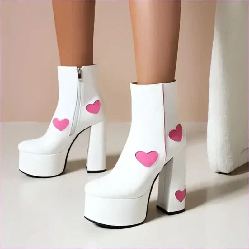 Women’s Platform Boots with Heart-shaped Color Block High Heels - Pleasures and Sins