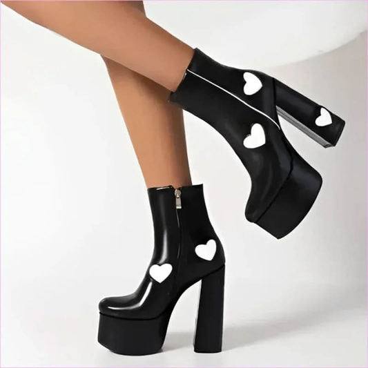 Women’s Platform Boots with Heart-shaped Color Block High Heels - Pleasures and Sins