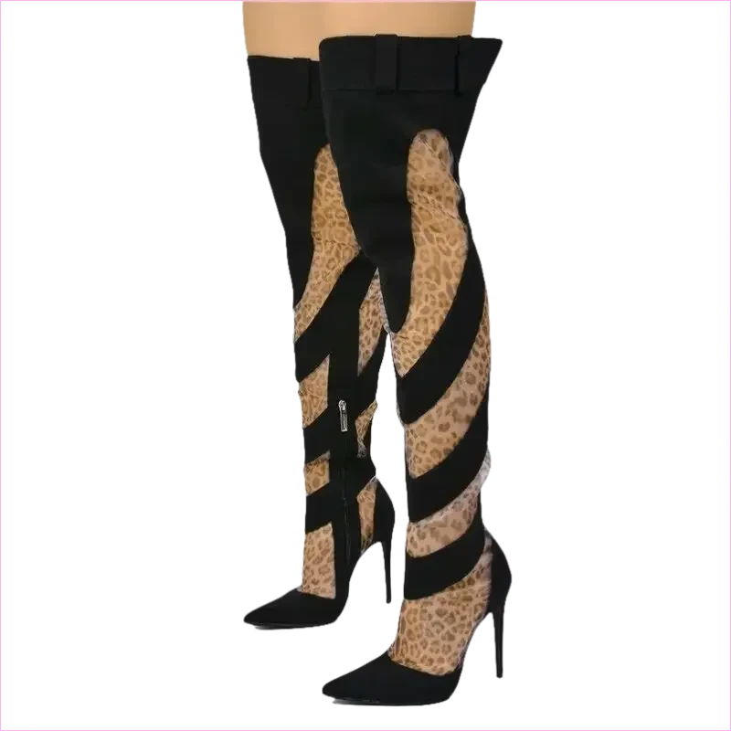 Womens Sexy Fashion Denim Mesh Patchwork Thigh High Boots - Pleasures and Sins