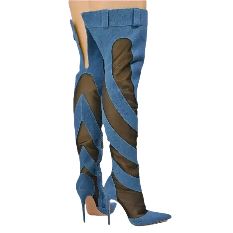 Womens Sexy Fashion Denim Mesh Patchwork Thigh High Boots - Pleasures and Sins