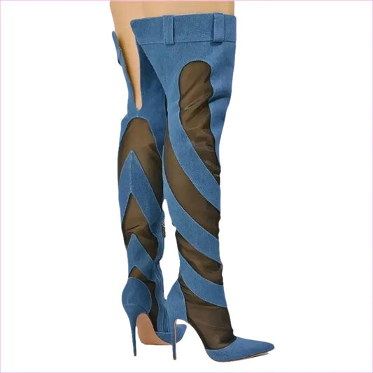 Womens Sexy Fashion Denim Mesh Patchwork Thigh High Boots - Pleasures and Sins