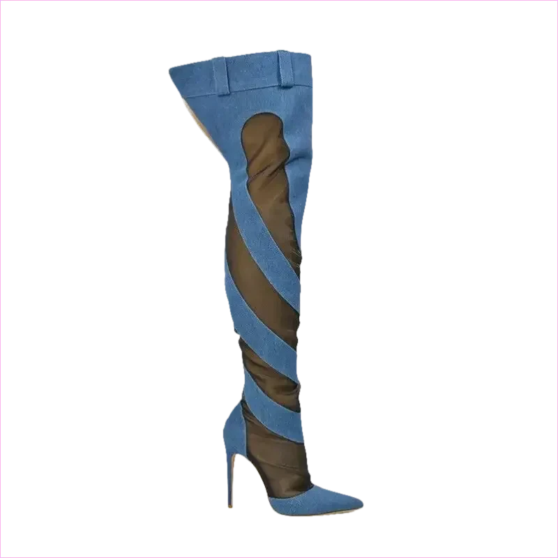 Womens Sexy Fashion Denim Mesh Patchwork Thigh High Boots - Pleasures and Sins