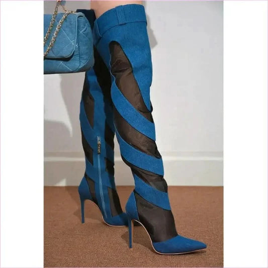 Womens Sexy Fashion Denim Mesh Patchwork Thigh High Boots - Pleasures and Sins