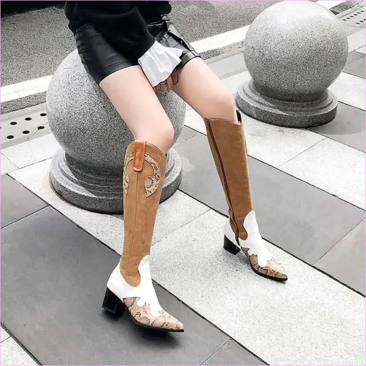 Women’s Snake Pattern Pointed Tall Western Boots in Snakeskin Style - Pleasures and Sins