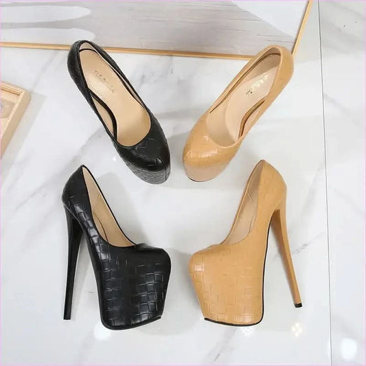 Woven Pattern Platform Stiletto Shoes in Black and Beige - Pleasures and Sins