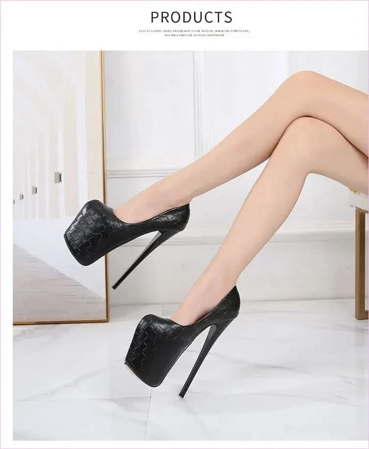 Woven Pattern Platform Stiletto Shoes in Black and Beige - Pleasures and Sins