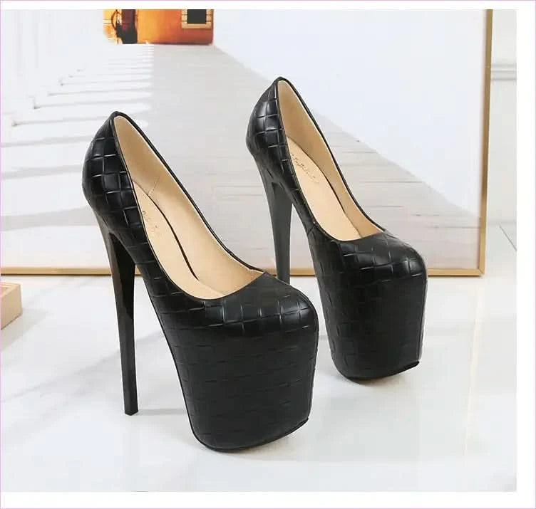 Woven Pattern Platform Stiletto Shoes in Black and Beige - Pleasures and Sins