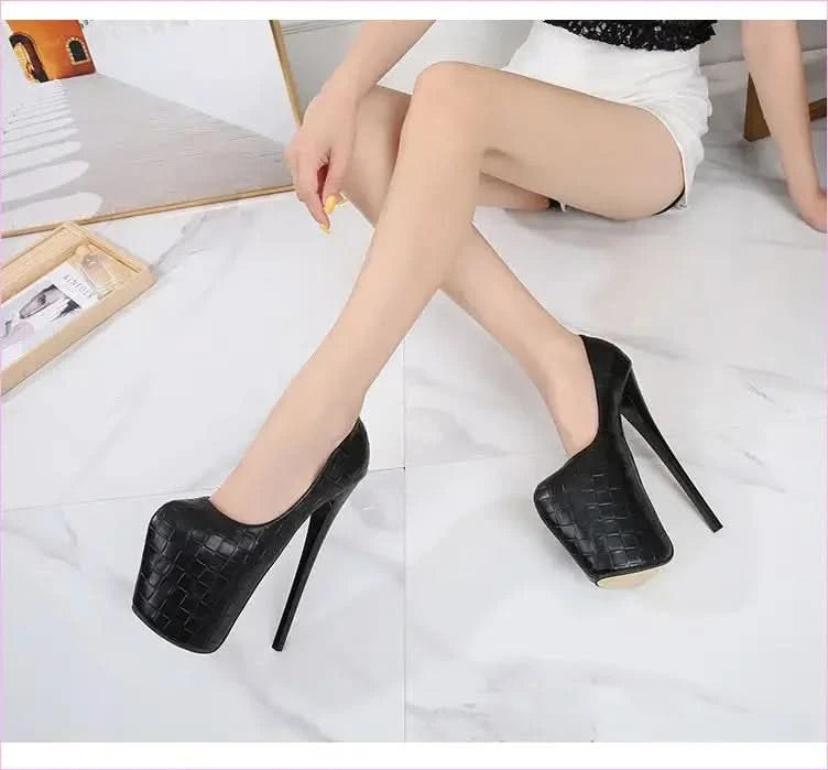 Woven Pattern Platform Stiletto Shoes in Black and Beige - Pleasures and Sins