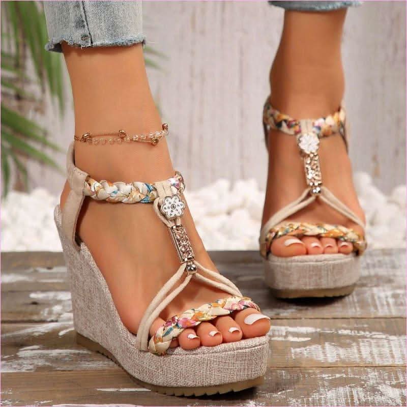 Woven Strappy Platform Sandals with Open Toe and Elevated Heel - Pleasures and Sins