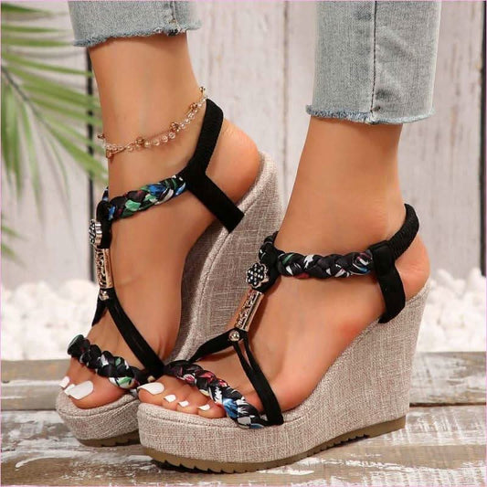 Woven Strappy Platform Sandals with Open Toe and Elevated Heel - Pleasures and Sins