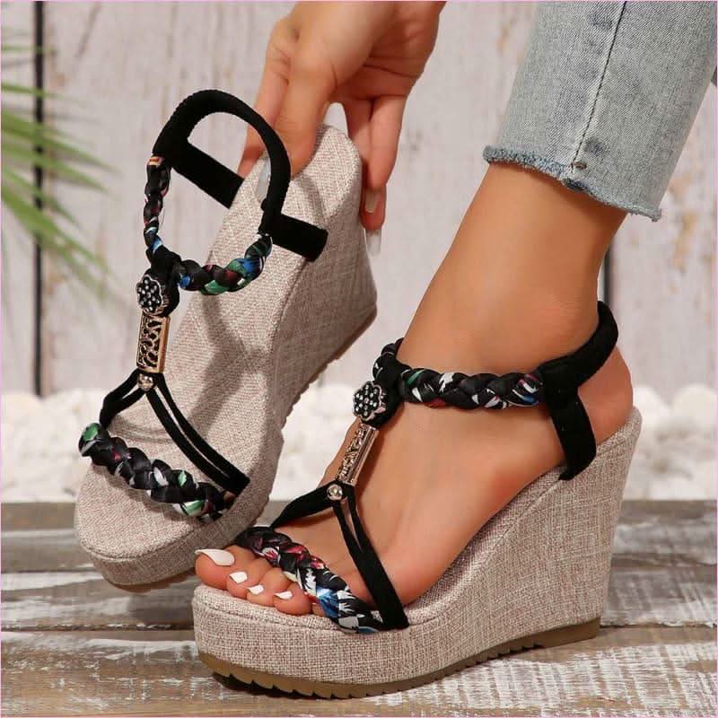 Woven Strappy Platform Sandals with Open Toe and Elevated Heel - Pleasures and Sins