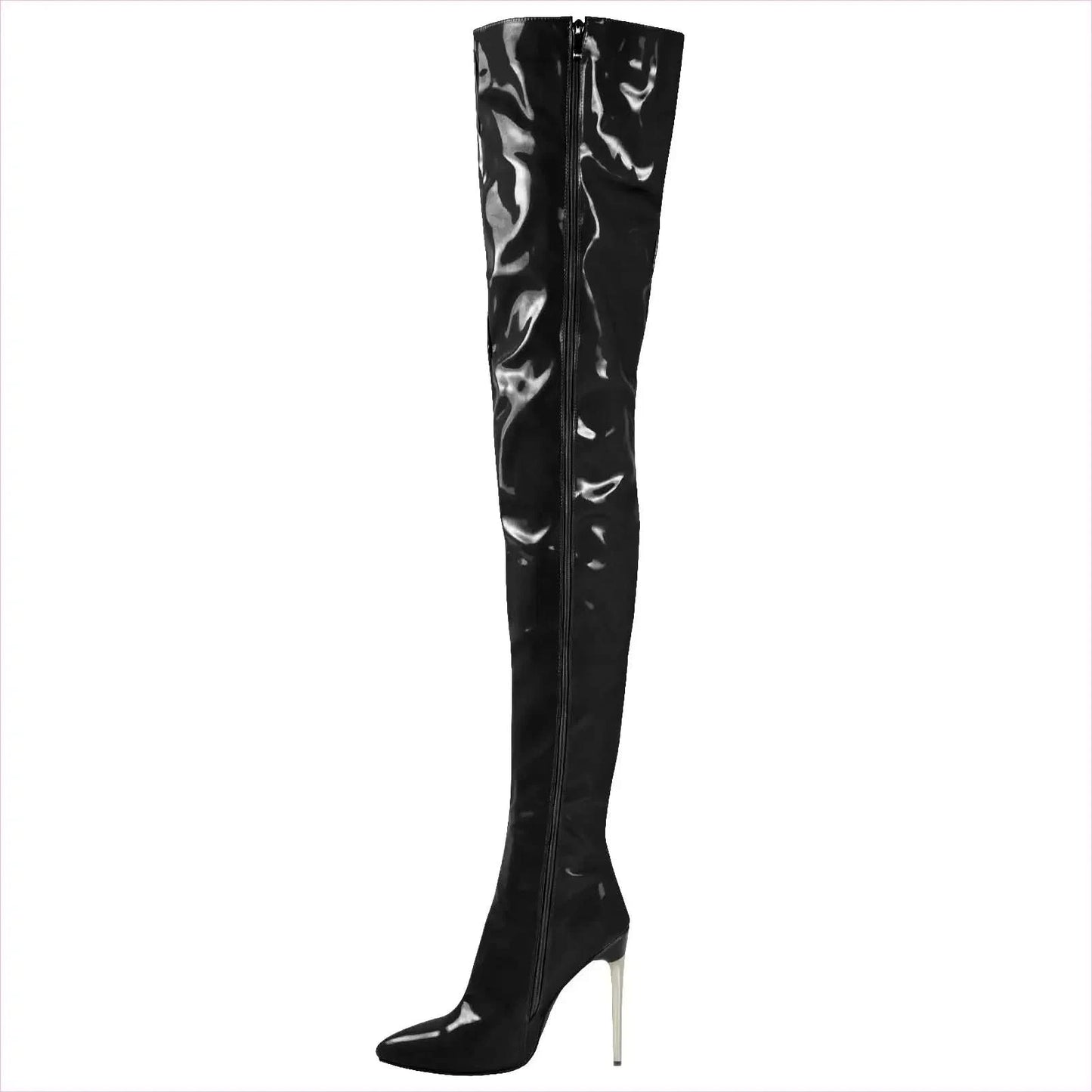 Zipper Patent Stiletto Thigh Length Boots in Black, Blue, and White - Pleasures and Sins