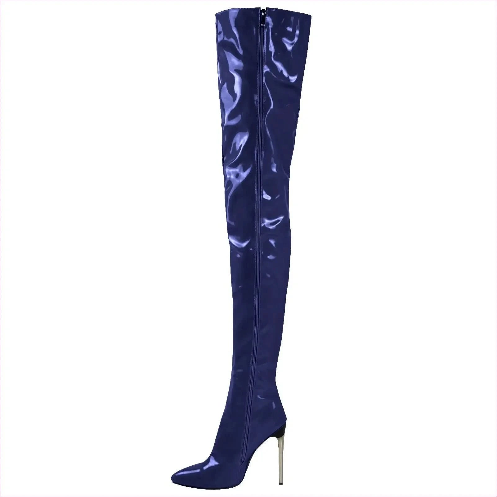 Zipper Patent Stiletto Thigh Length Boots in Black, Blue, and White - Pleasures and Sins