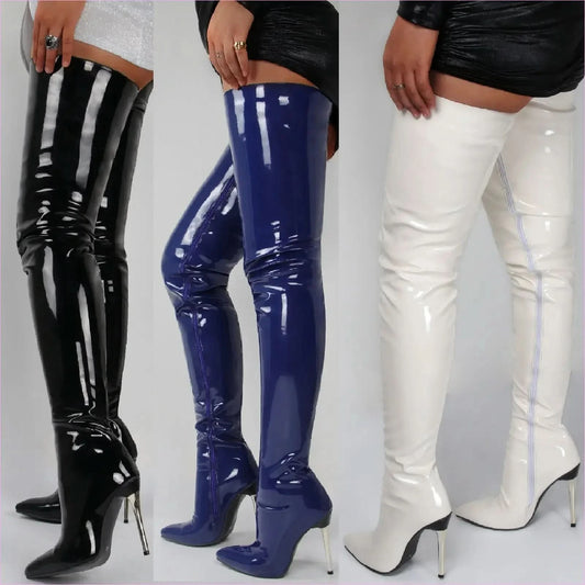 Zipper Patent Stiletto Thigh Length Boots in Black, Blue, and White - Pleasures and Sins