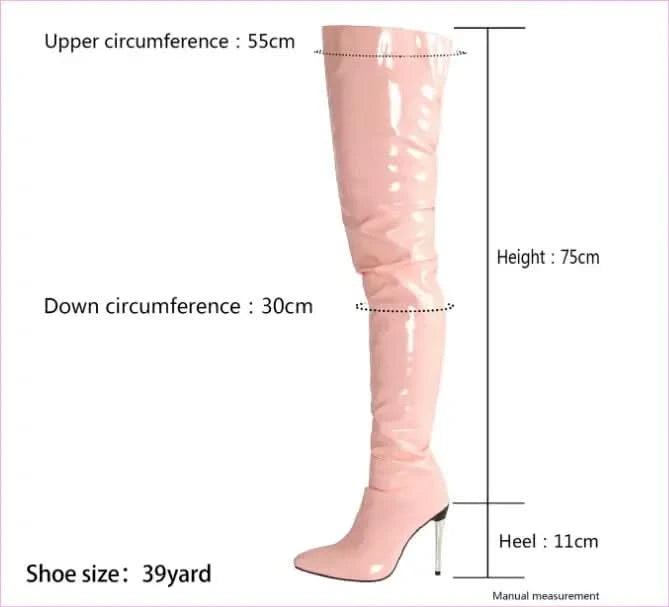 Zipper Patent Stiletto Thigh Length Boots in Black, Blue, and White - Pleasures and Sins