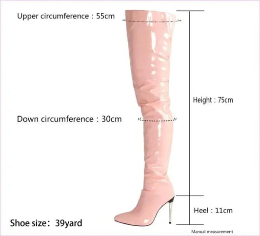 Zipper Patent Stiletto Thigh Length Boots in Black, Blue, and White - Pleasures and Sins