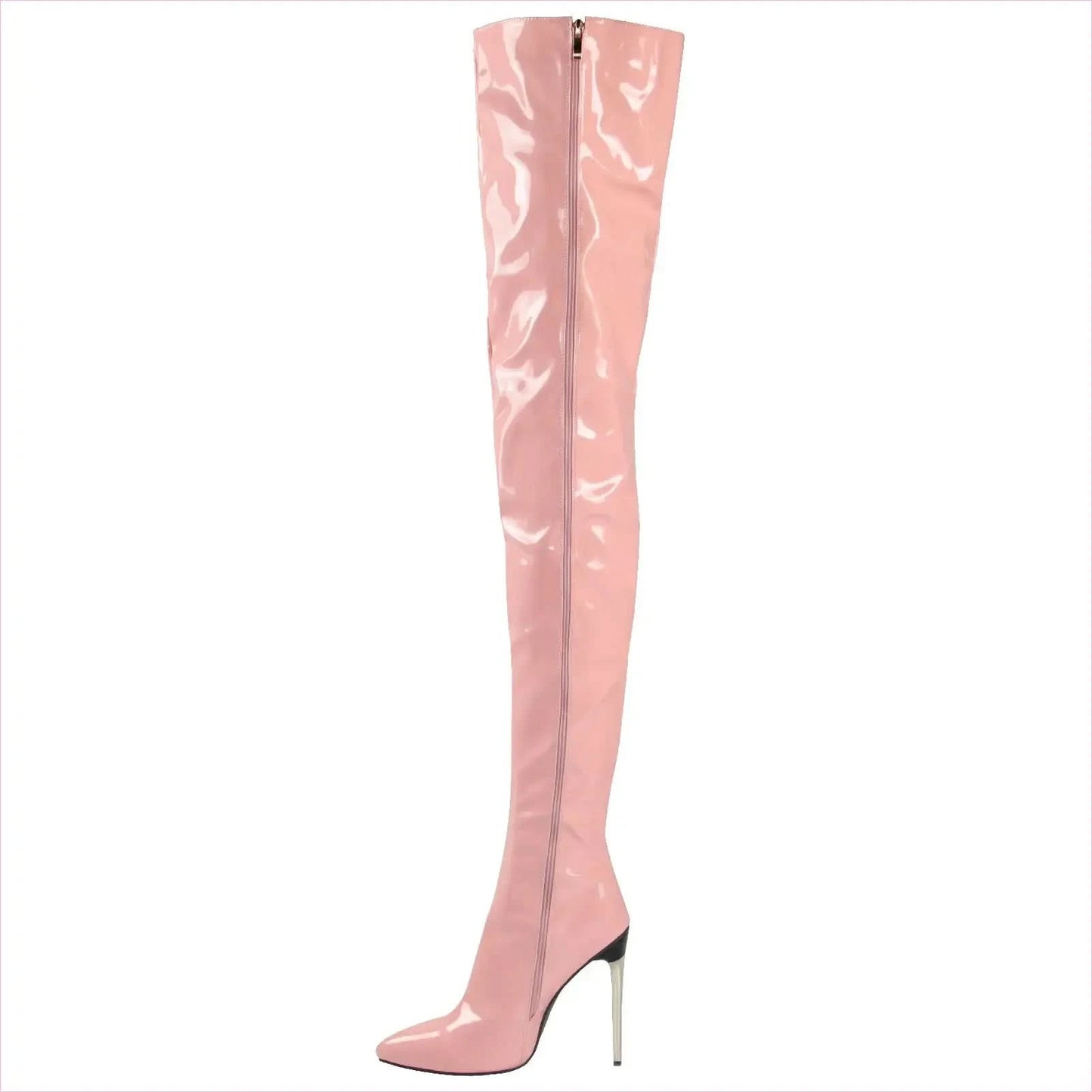Zipper Patent Stiletto Thigh Length Boots in Black, Blue, and White - Pleasures and Sins